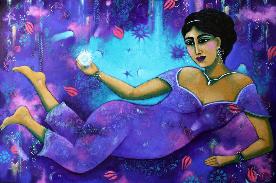 a woman in purple floats through the sky holding a radiant orb