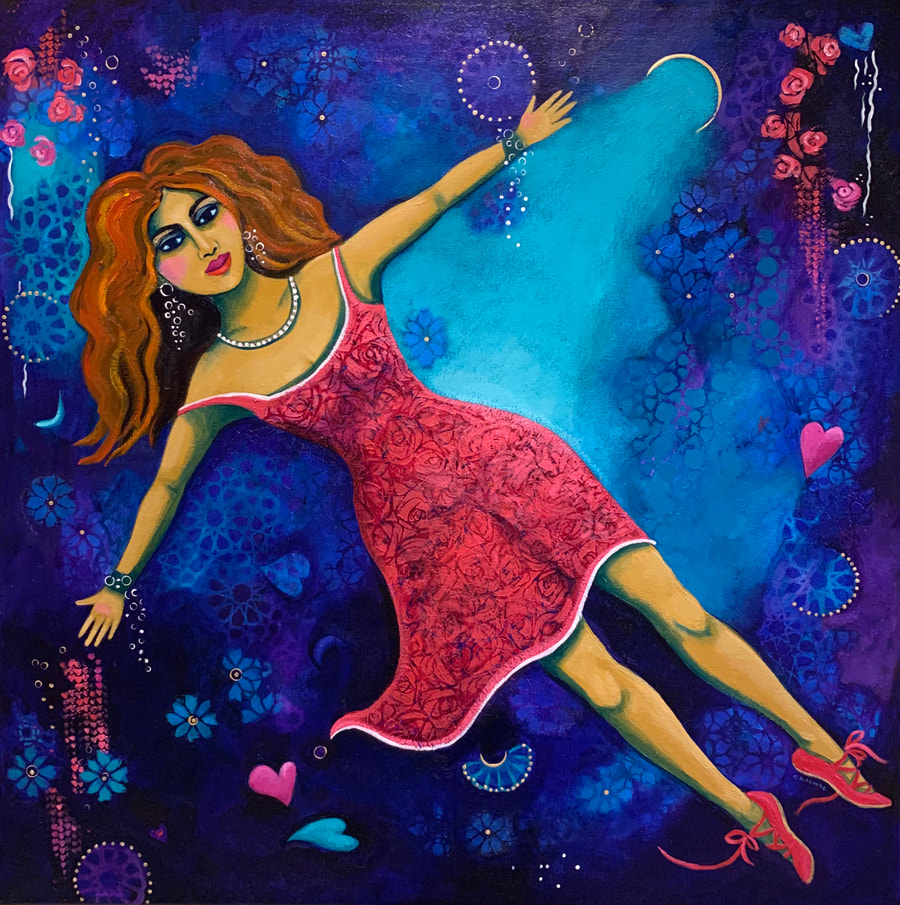 a woman in red shoes floats through space in this maginative dreamscape painting
