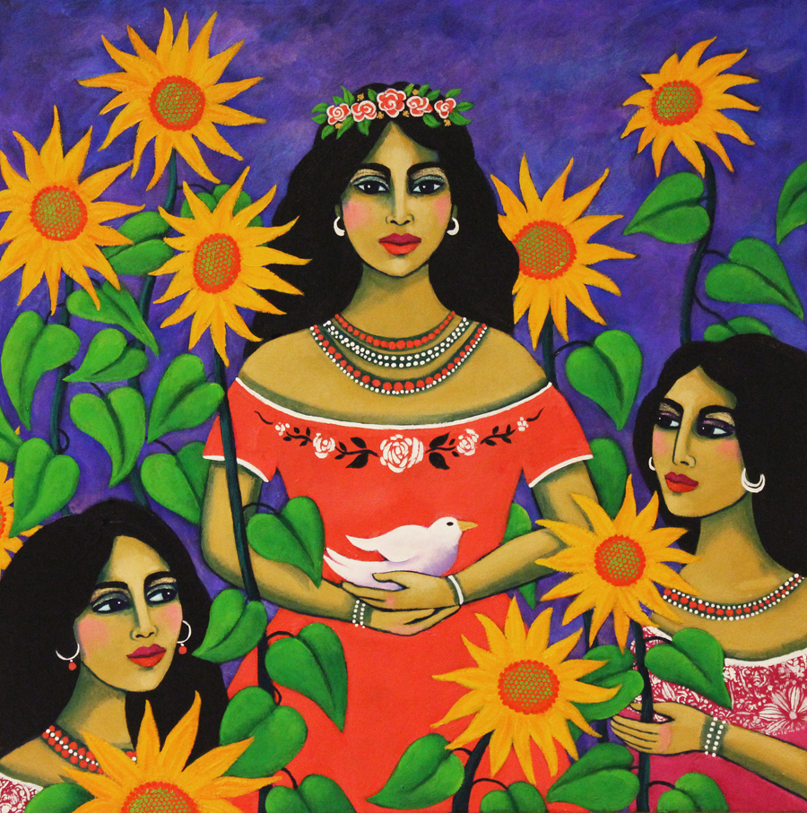 three women stand in a field of sunflowers. Their dresses and jewelry are evocative of Ukrainian folk costumes. The painting is about my hopes that freedom for the Ukrainians will prevail