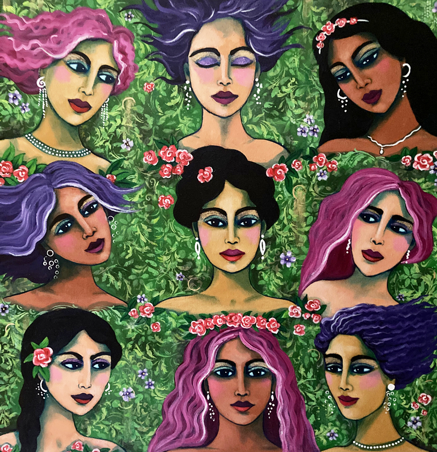 Nine women's faces with a vaiety of skin color, hair color and expressions emerge from a background of flowers. It is Sisterhood in the best possible way