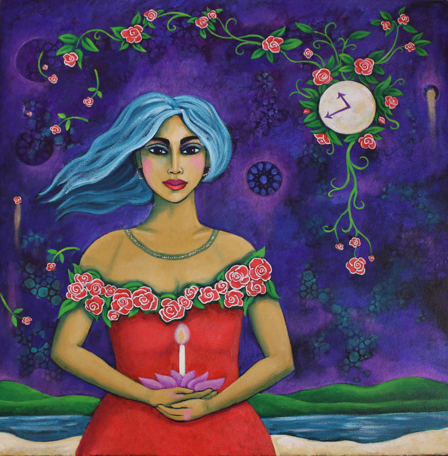 A woman with blue hair wearing a red dress with a bodice of roses holds a lotus flower with a candle in it. The full moon, also a clock, shines in a shimmering night sky as vines if roses encircle it