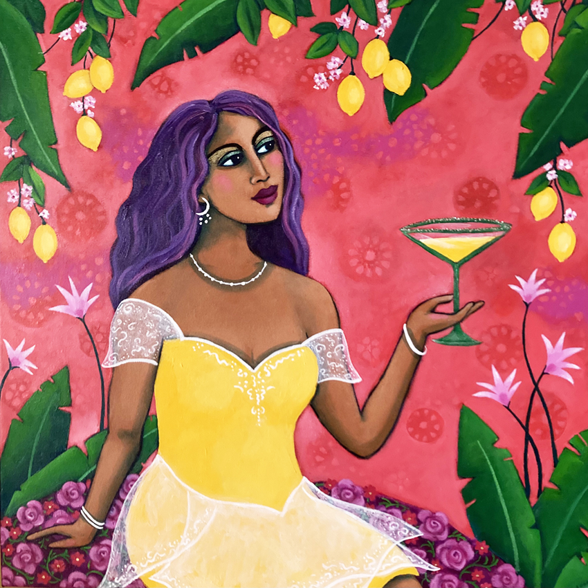 A woman with purple hair in a yellow dress sits on a bed of roses surrounded by lemon trees and palm fronds. She is drinking a lemon drop Martini.