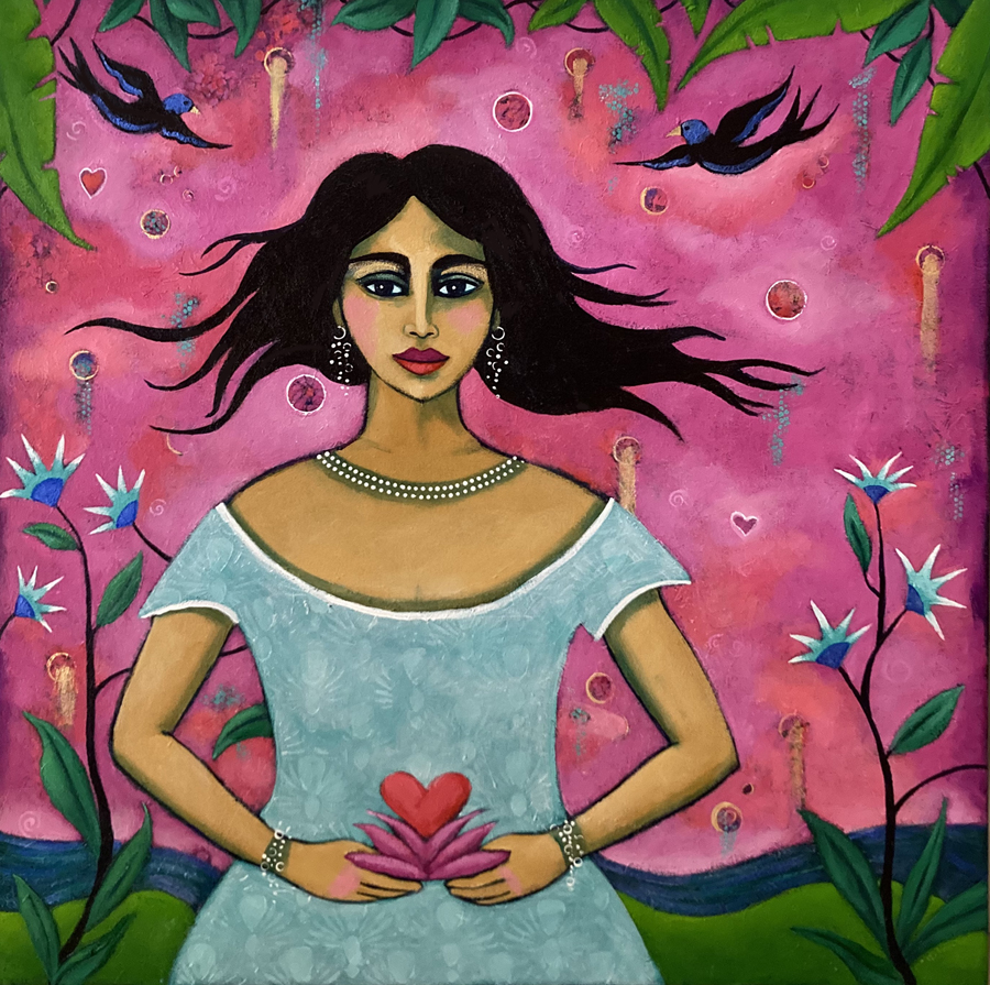 A woman holds a heart in a lotus as she stnds infront of a magenta sky. A river flows behing her