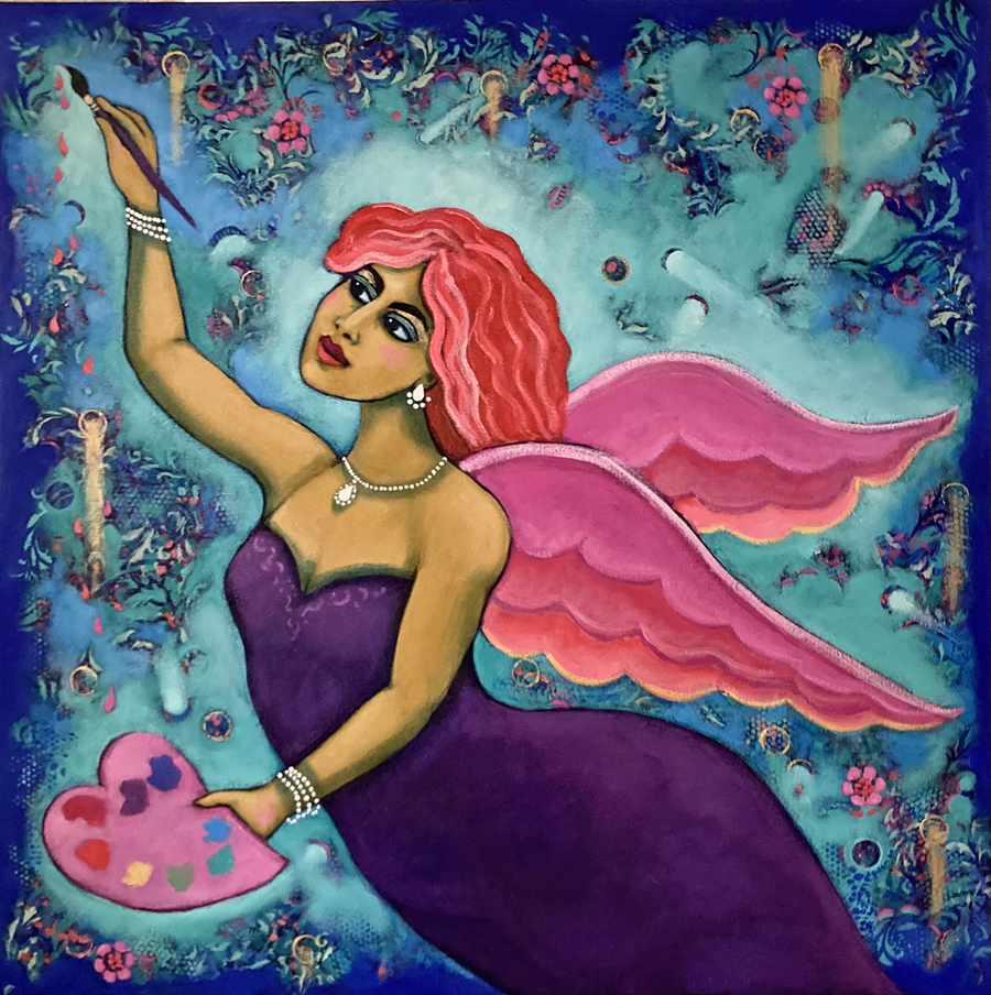 A red headed pink winged angel holds a paint brush and palette as she flies through space painting vines and flowers and designs